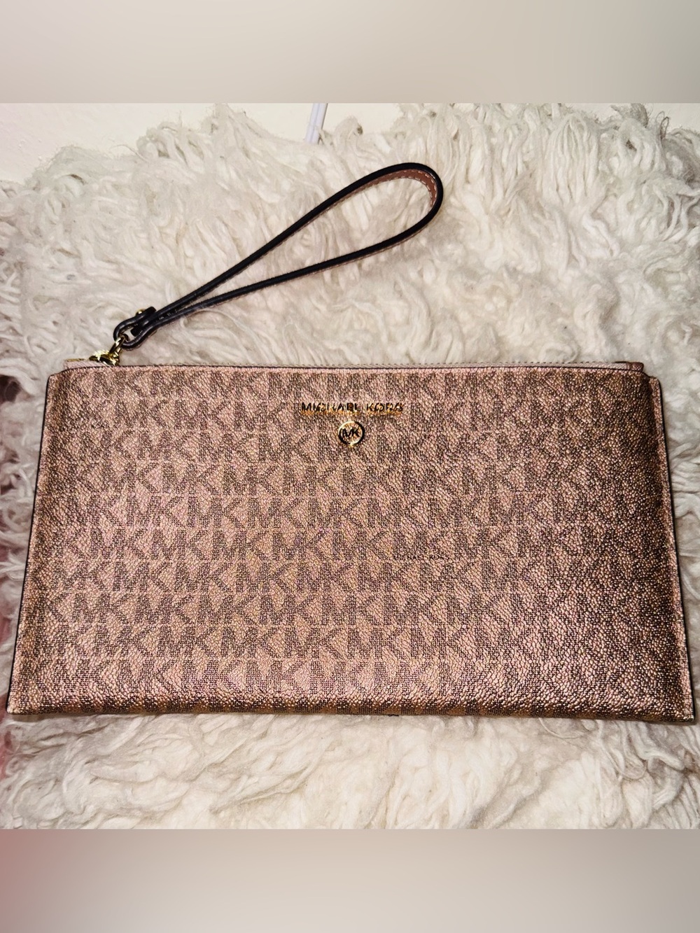 Authentic Michael Kors Metallic Rose Gold MK Wristlet Clutch